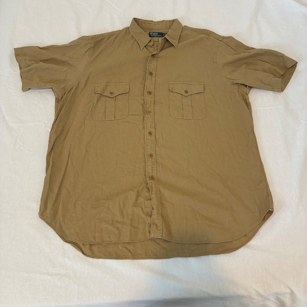 VTG Polo Ralph Lauren Button Down Mens 2XW Tan Short Sleeve Linen Cotton Shirt